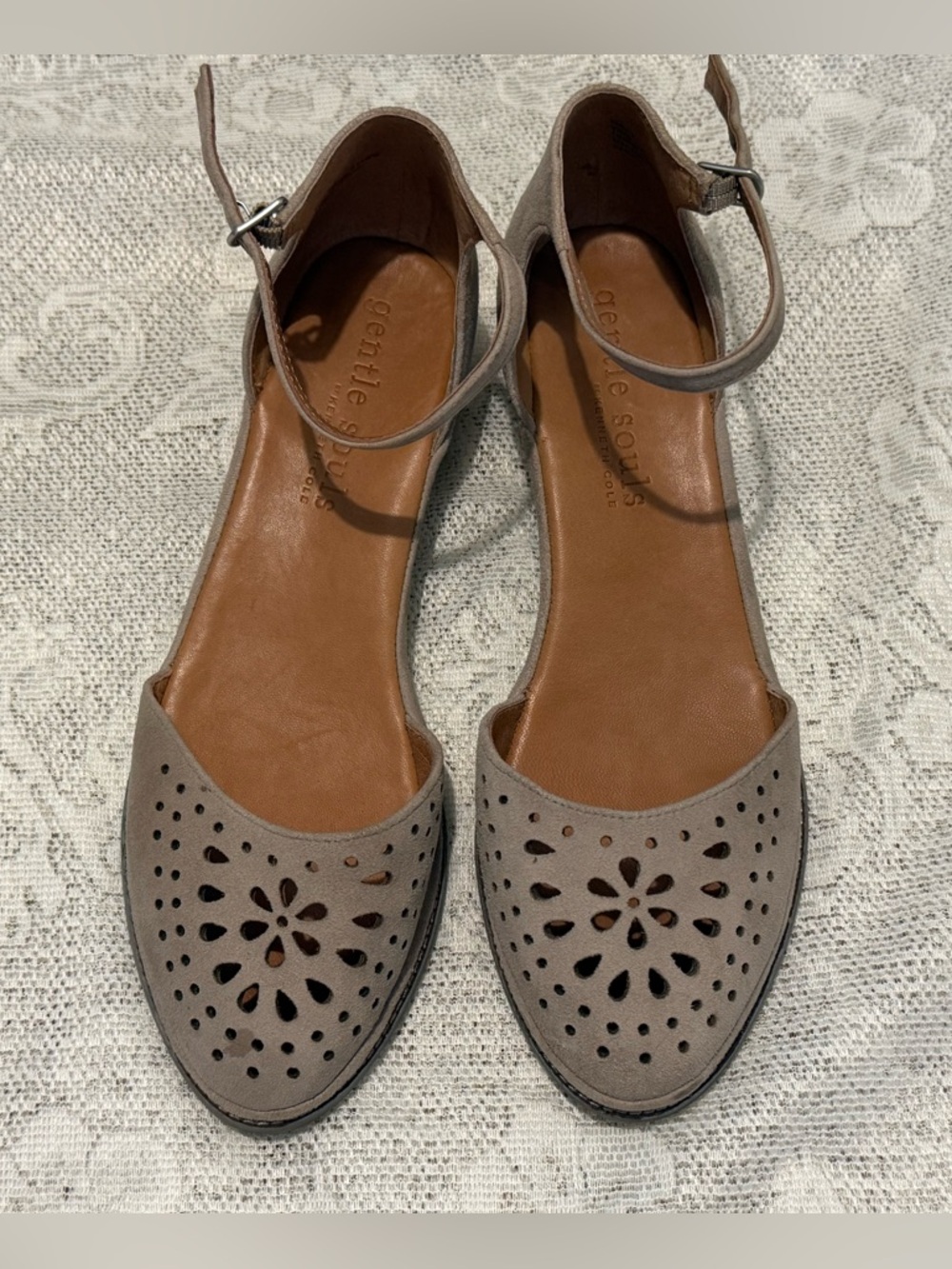 gentle souls by Kenneth Cole Taupe Suede Perforated Ankle-Strap Wedges - Picture 2 of 9